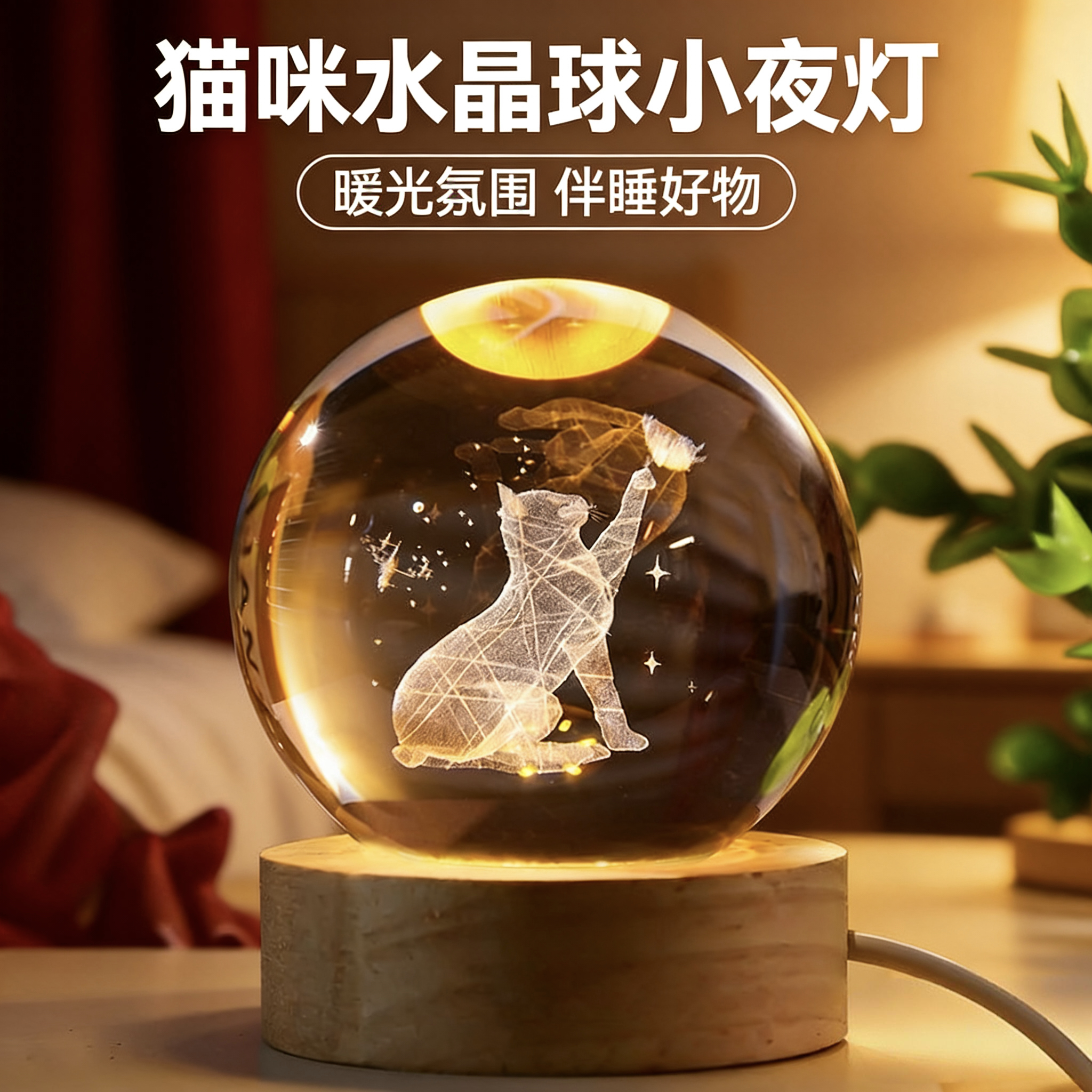 水晶球小夜灯猫咪摆件桌面创意系玻璃球装饰品小夜灯送人生日礼物