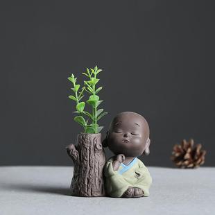 创意水培插花茶具装 精品可爱紫砂小和尚茶宠可养摆件 饰迷你花器