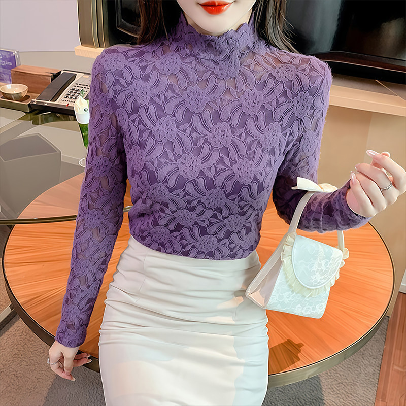 蕾丝提花半高领外穿打底衫女2026秋冬新款洋气时尚百搭显气质上衣