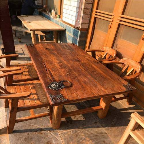 老榆木门板桌实木风化桌复古榆木吧台旧板茶台民俗桌凳家用餐桌