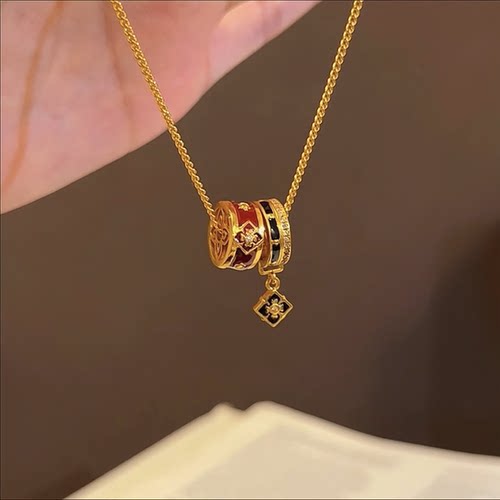 新中式宝相花四叶草珐琅双环项链女轻奢高级感路路通转运珠锁骨链