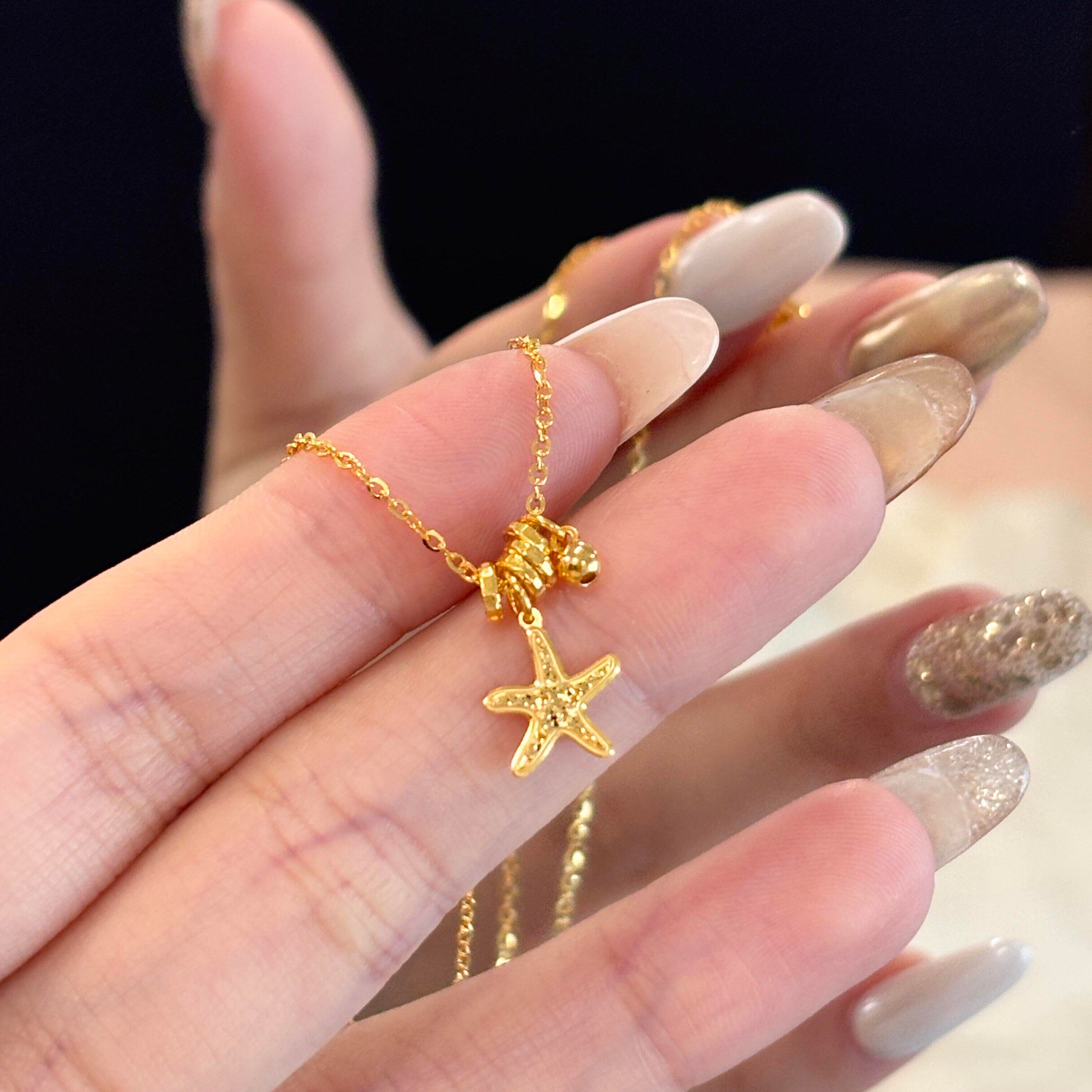 复古金色碎碎冰小海星吊坠项链女爆闪轻奢小众五角星星锁精致骨链
