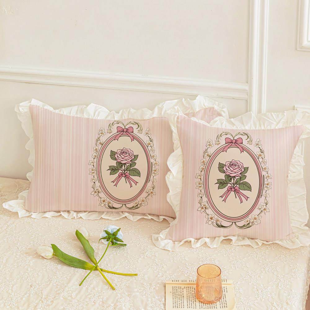韩式甜美少女心玫瑰荷叶边水洗棉枕套一对一祇枕芯抱枕套礼物粉色