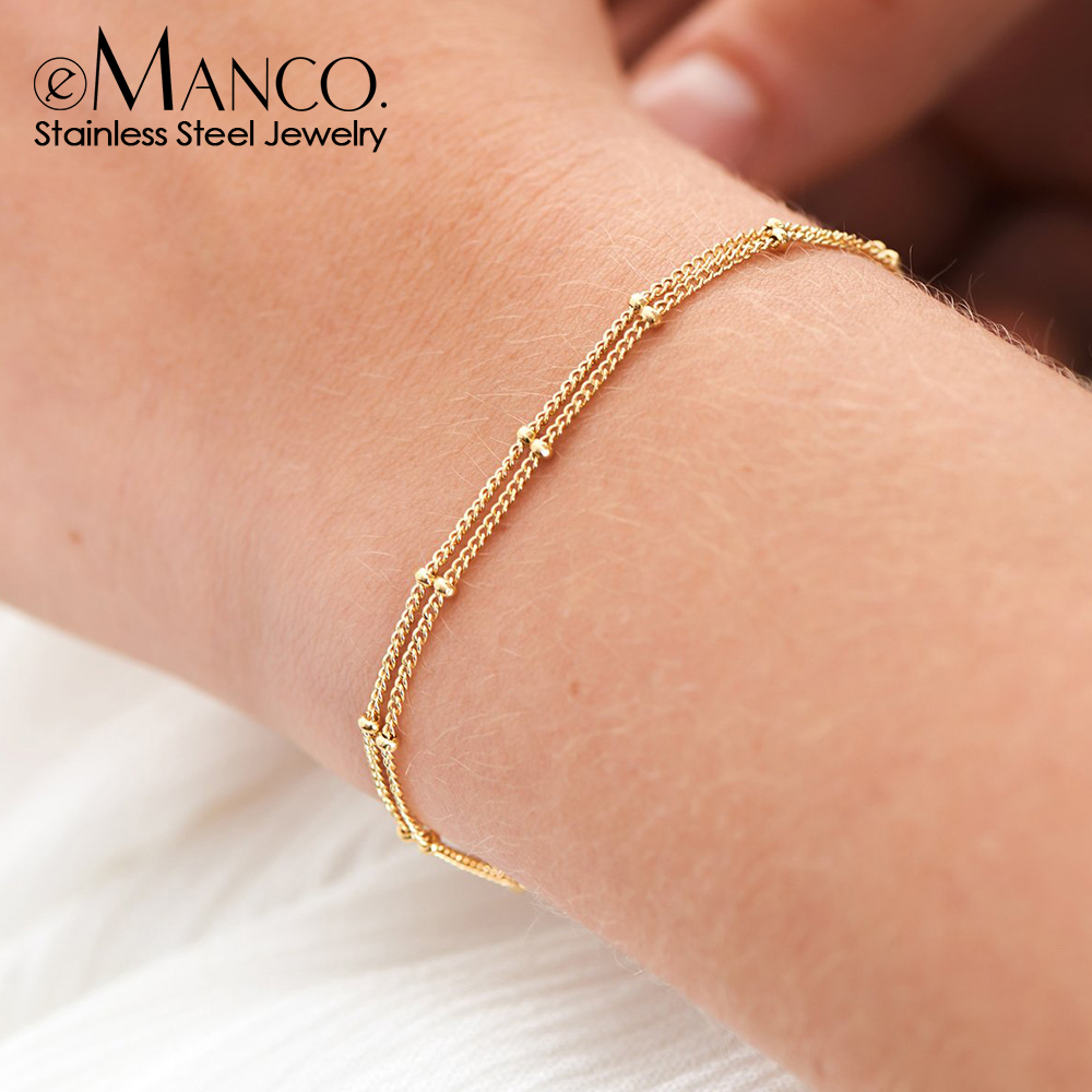 钛钢手链女日韩双层圆珠手环金色