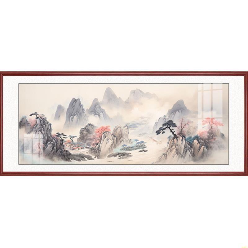 山水画客厅挂画新中式R沙发背景墙装饰画横幅茶室办公E室靠山图壁