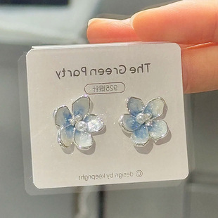 甜美山茶花花朵耳钉蓝色小众高级设计耳环气质ins清新耳饰 新款