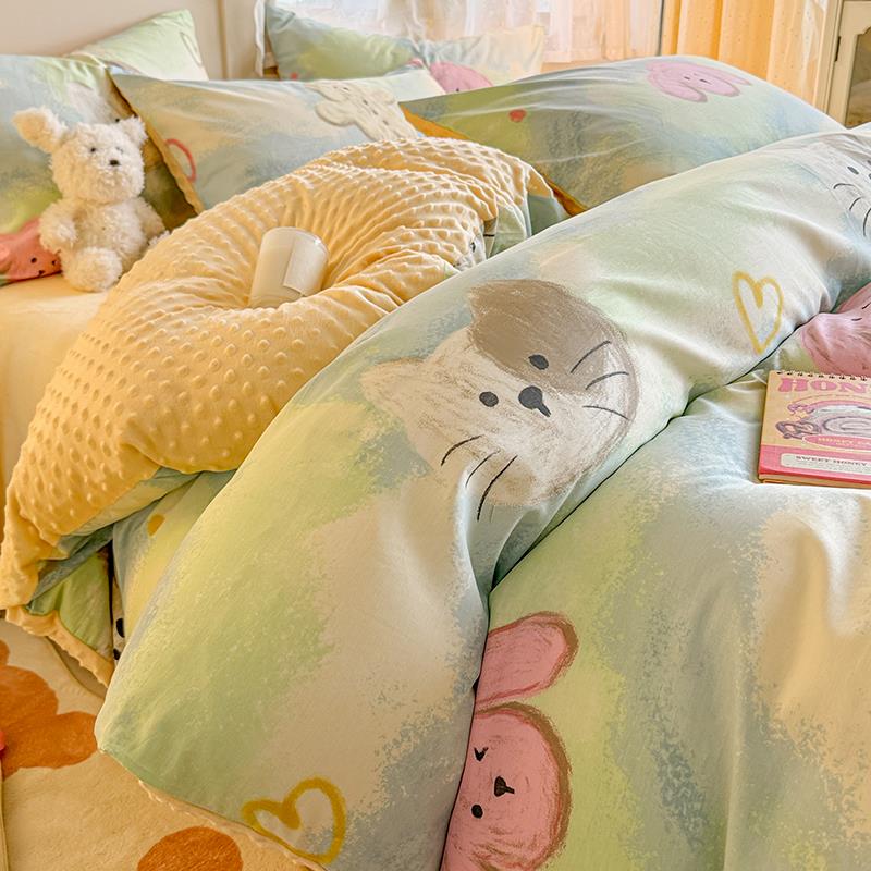 a全棉纯棉b牛奶豆豆绒四件套珊瑚绒面床上用品加绒被套床单三件套