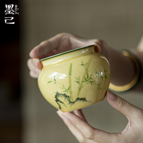 墨己月黄石畔影竹建水手绘陶瓷家用茶道配件废水缸水盂茶席茶渣缸
