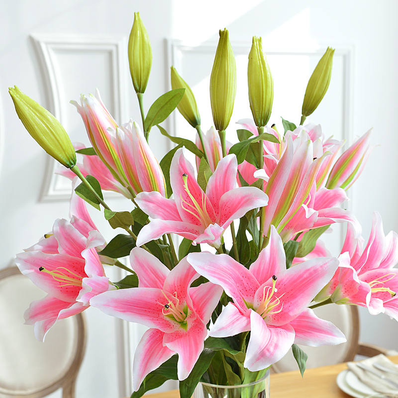 轻奢高端花艺仿真花百合高枝装饰花假花绢花客厅摆设餐桌花束摆件