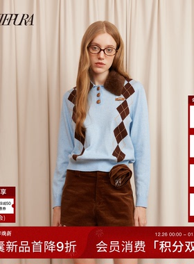 ARTE PURA25秋冬胶囊新款撞色毛领菱格毛针织衫女英伦学院风毛衣