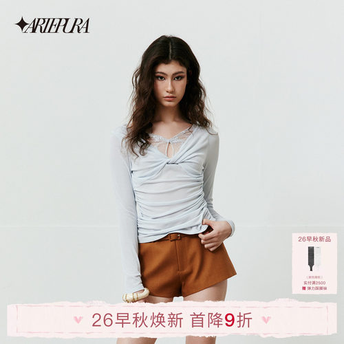 ARTEPURA灰蓝拼接蕾丝扭结上衣