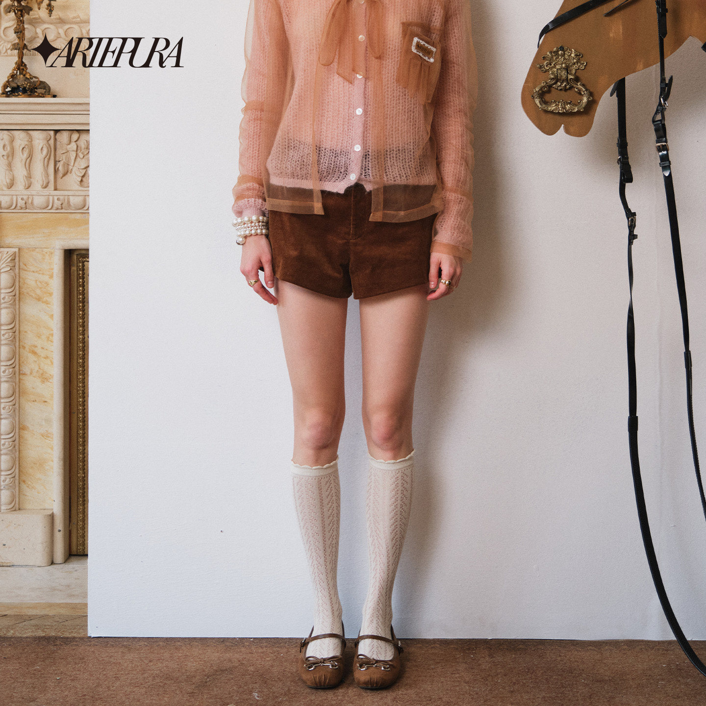 ARTE PURA2025秋冬新款棕色立体花朵灯芯绒短裤女外穿设计感小众