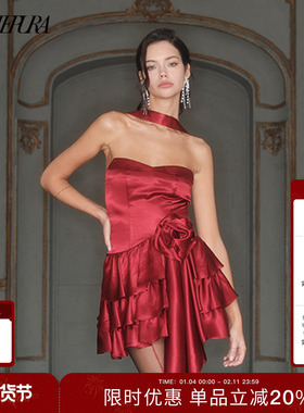 【王珂 伍珂玥同款】ARTE PURA红色花朵飘带缎面抹胸裙新年礼服裙
