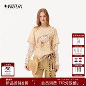 草帽猫印花长袖 ARTE PURA2026春夏新款 T恤蕾丝拼接假两件宽松上衣
