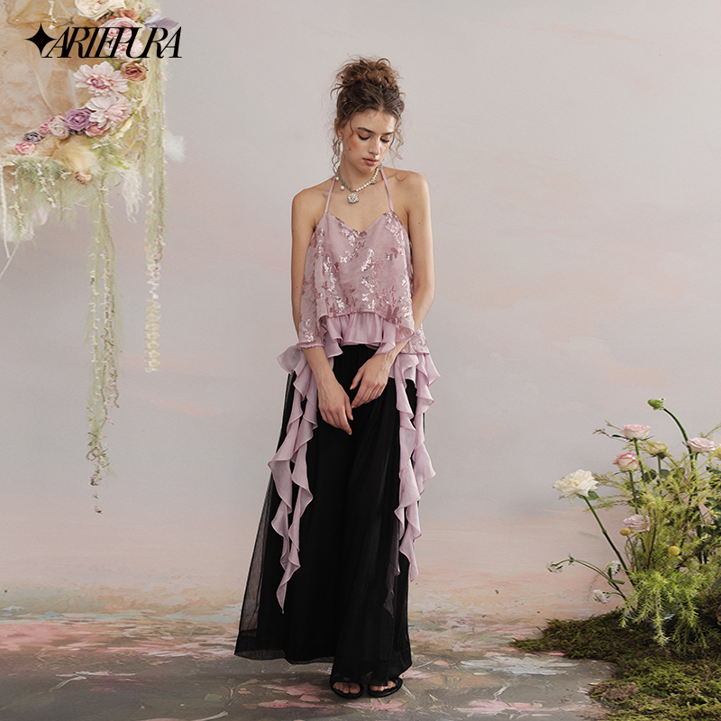 ARTEPURA紫色亮片系带花边上衣