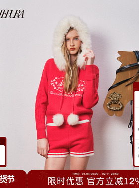 ARTE PURA25秋冬新款氛围感红色logo提花毛织套头帽衫短裤套装女