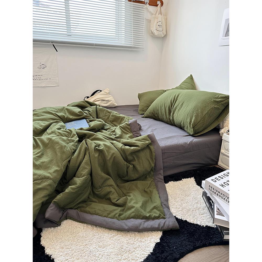 ins极简风覆古橄榄绿水洗棉夏凉被四件套夏季薄被芯空调被床笠款