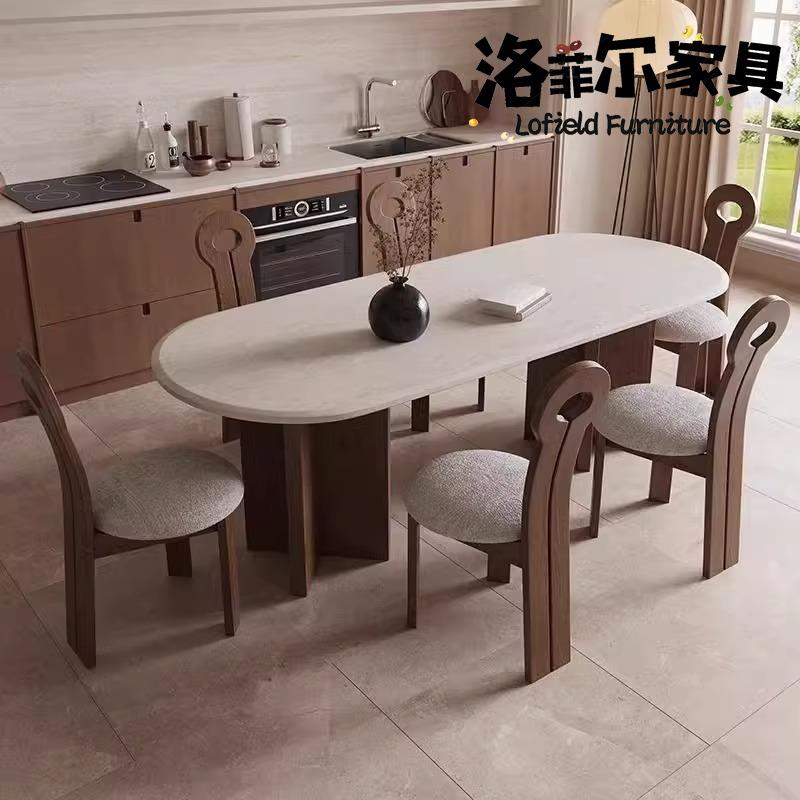 北欧复古风岩板实木半圆方形餐桌椅组合家用大小户型餐厅吃饭桌子
