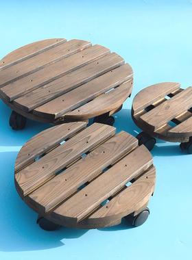 加厚实木带轮花盆可移动圆形花盘底座滚轮实木花盆底座万向轮托盘