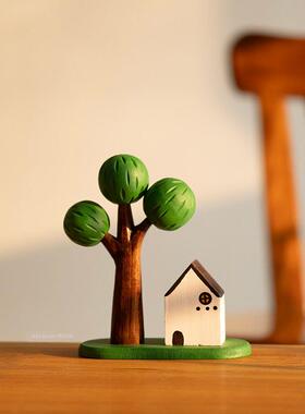 一棵树 生命力 绿树粉树木雕装饰品搭配可爱治愈木制品纯手工