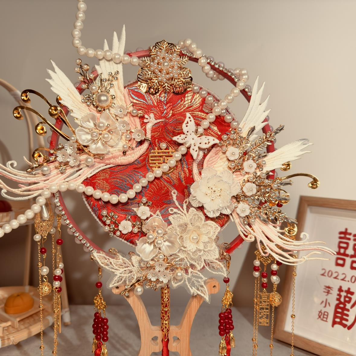 团扇新娘结婚秀禾扇子diy材料包却扇喜扇中式婚扇高级感婚礼双面