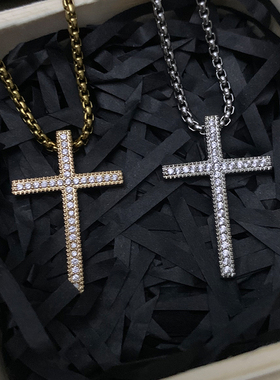 GALI同款美式微镶锆石细小十字架项链男士嘻哈满钻吊坠潮毛衣链女