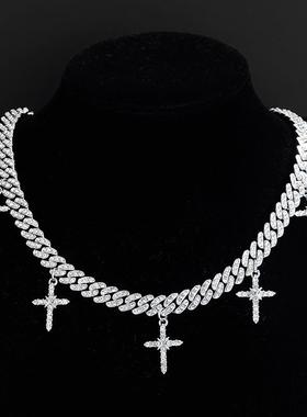 美式嘻哈饰品knowknow同款满钻十字架古巴链潮流个性短锁骨链男女