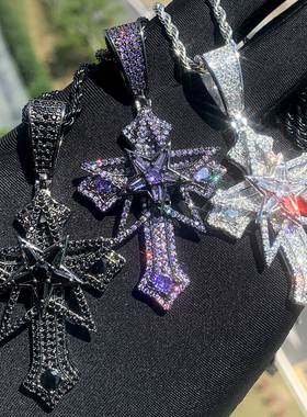 GANGGANG美式可旋转闪耀五角星十字架项链小众设计个性满钻吊坠男