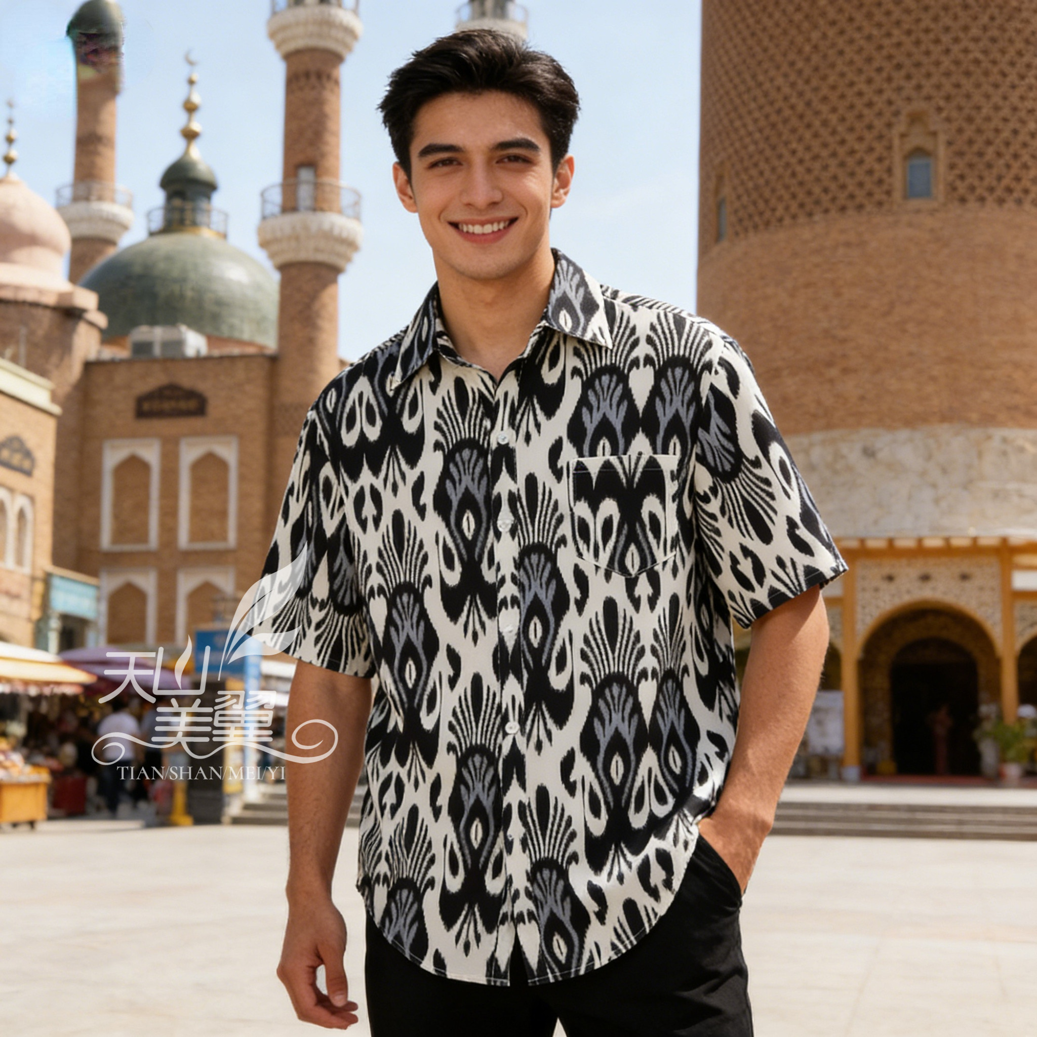 新疆民族风服装男夏季款衬衫宽松款维族艾德莱斯印花翻领短袖T恤