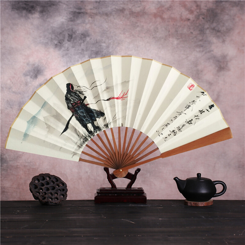 寒江孤影手绘国画创意折扇古风水墨传统宣纸折扇装饰道具拍照汉服