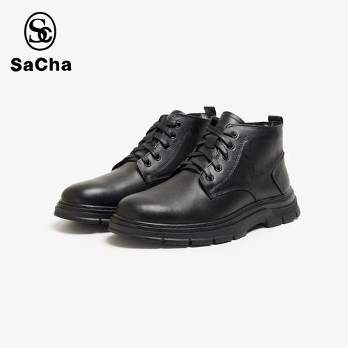 SACHA男士 真皮圆头高帮商务保暖短靴男士棉鞋BTXD-7123