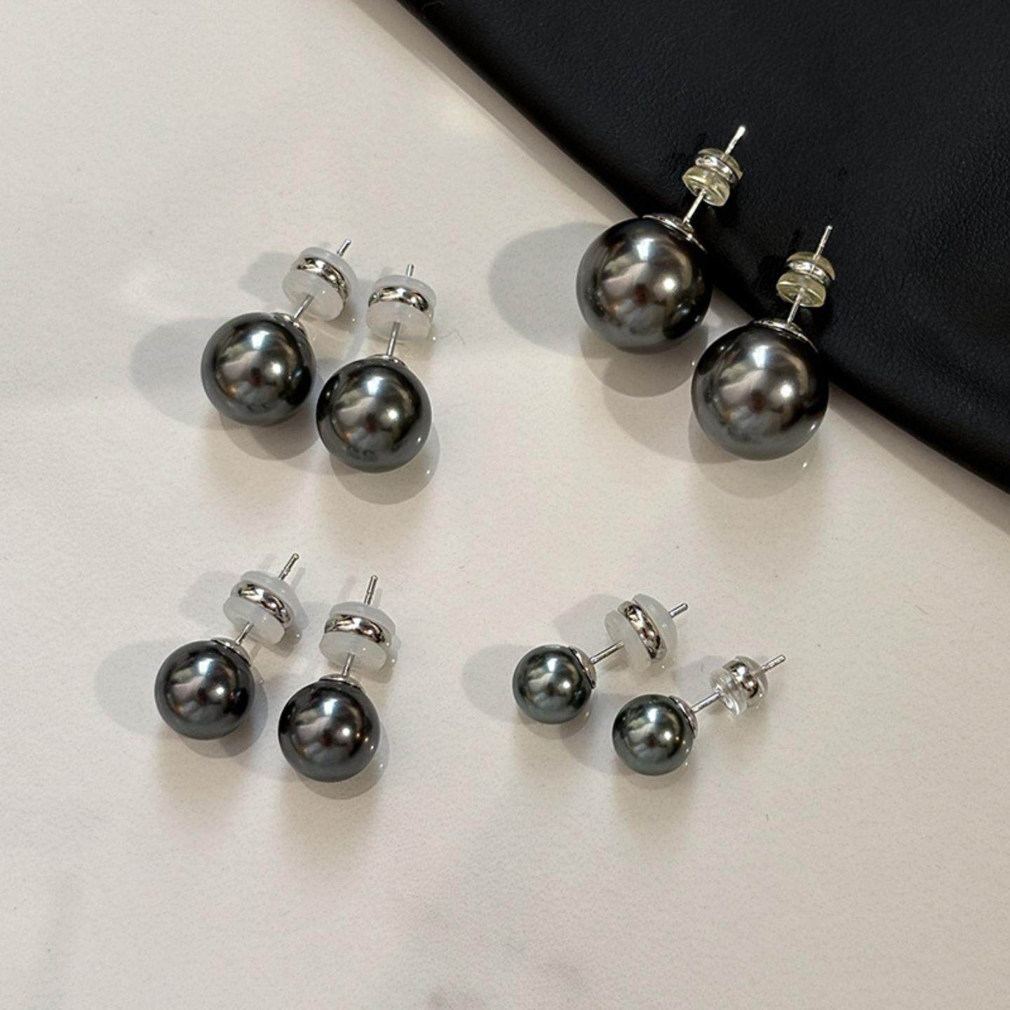 925纯银针真多麻灰色大溪地黑色珍珠耳钉女高级感秋冬耳环耳饰品