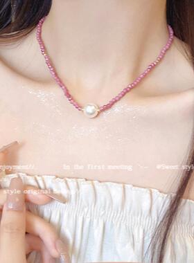 心甜美气质粉红色串珠项链轻奢