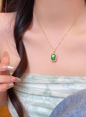 春夏小清新猫眼石郁金香钛钢项链