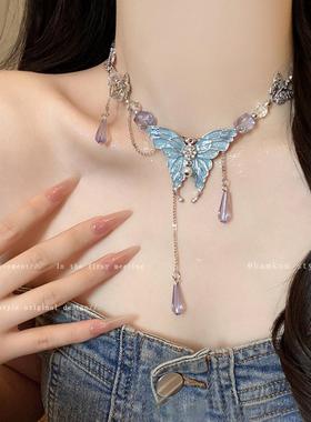重工蓝色水晶流苏蝴蝶项链女小众设计感锁骨链串珠choker颈链配饰