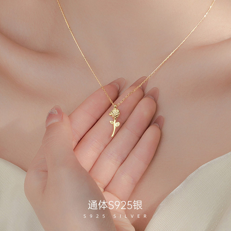 高级感S925银镀金色玫瑰花项链女