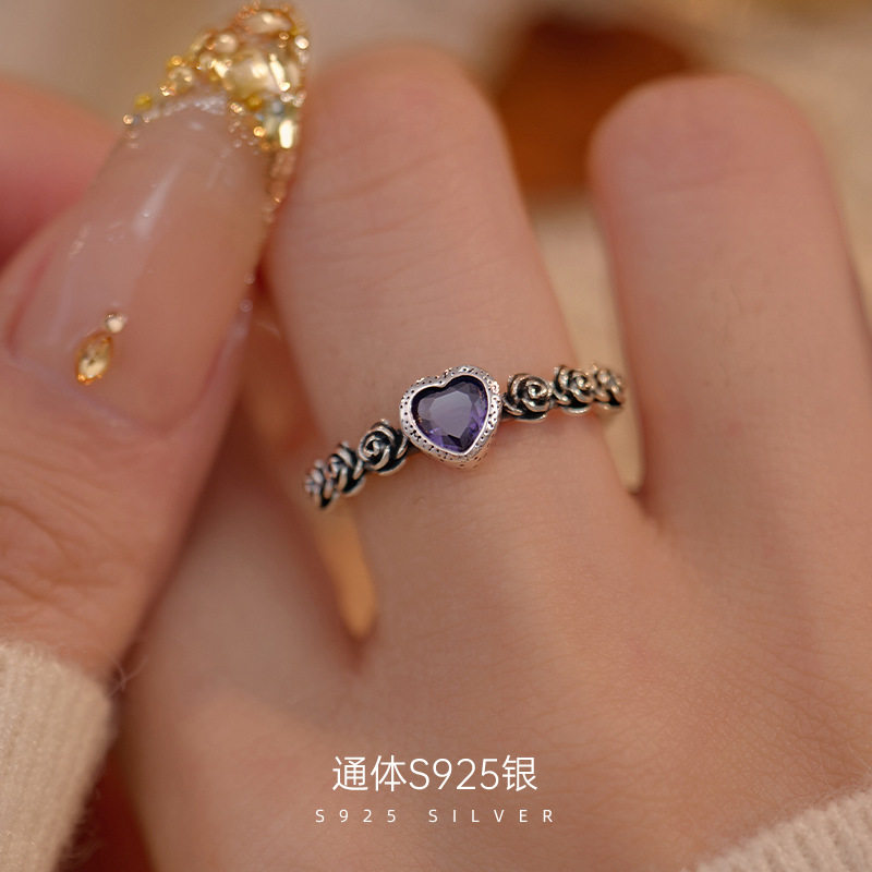 高级感S925银紫钻爱心玫瑰花戒指