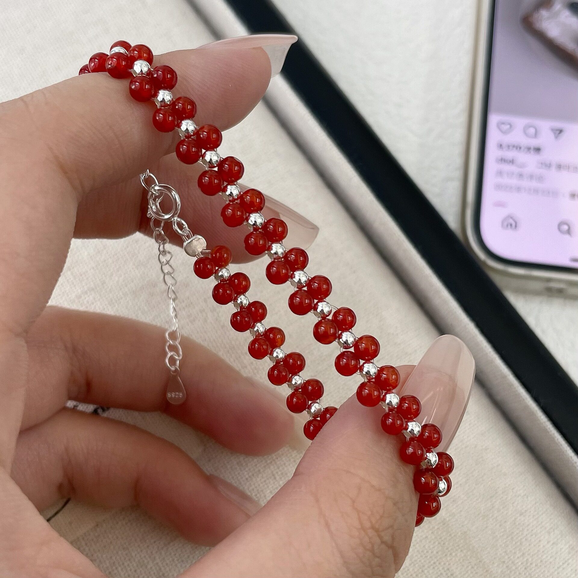 S925纯银新年简约红玛瑙圆珠银珠