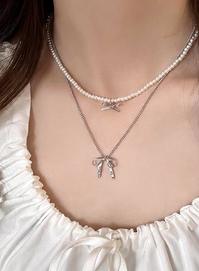 韩系甜美气质银色蝴蝶结双层