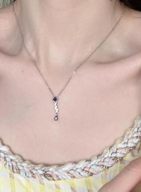 人鱼之泪蓝色锆石吊坠项链女轻奢小众高级感网红同款钛钢锁骨链