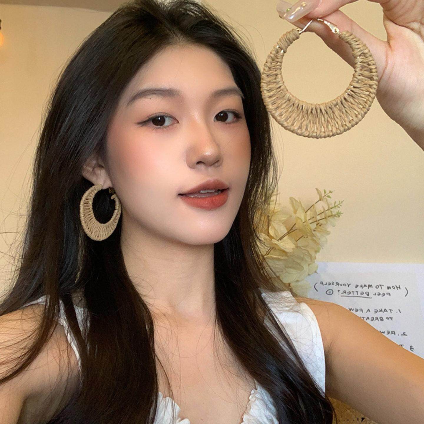 波西米亚度假风藤编圆圈耳环女