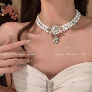 轻奢小众高级感名媛同款双层叠加珍珠项链爆闪夸张大锆石吊坠颈链