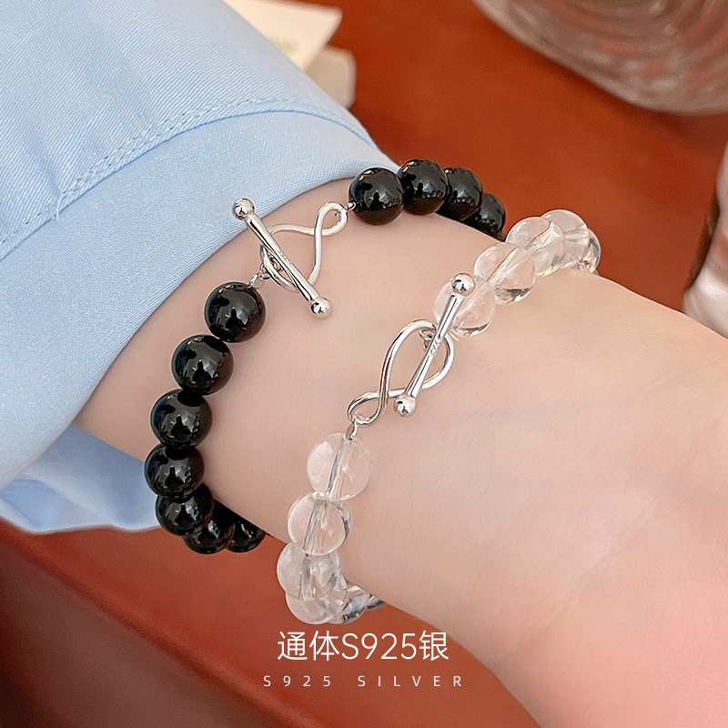高级感S925银韩国白水晶黑玛瑙串