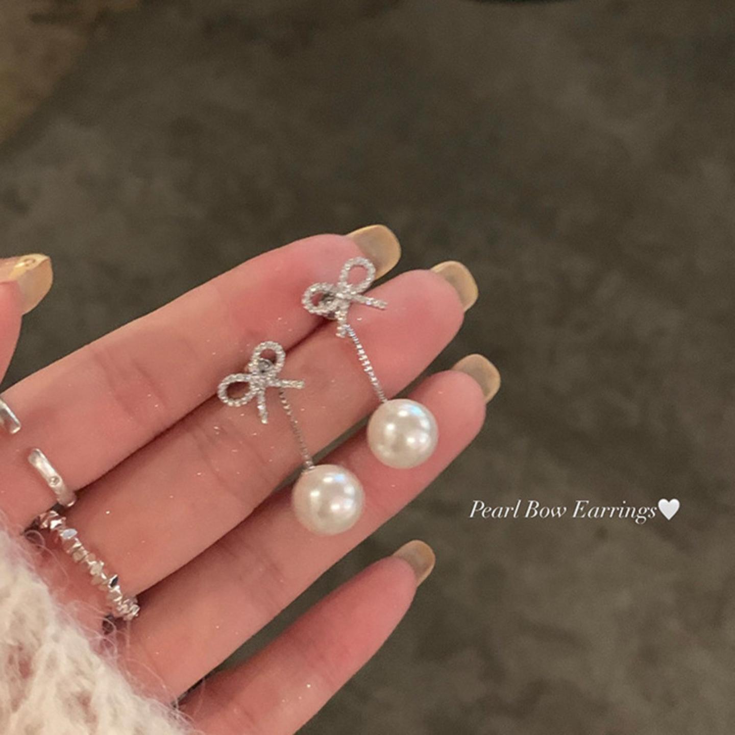 后挂式闪锆蝴蝶结珍珠耳环女轻奢