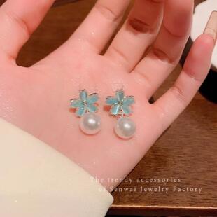 蓝色猫眼石花朵珍珠耳环女轻奢小众高级感耳钉气质超仙小清新耳饰