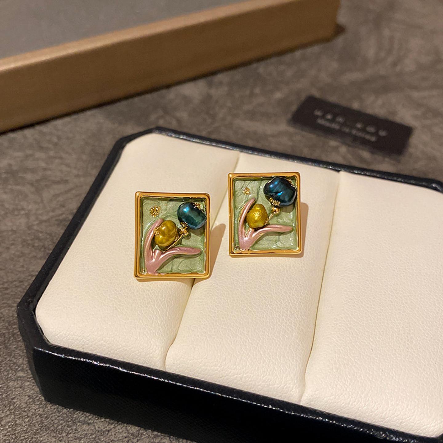 真金电镀中古风莫奈花园耳环女