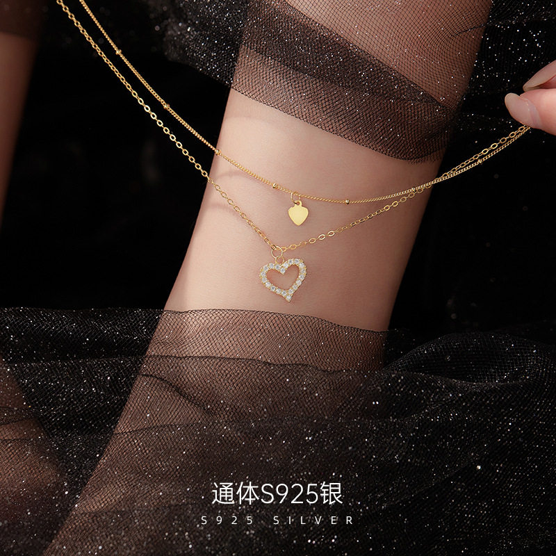 高级感S925银双层叠戴爱心脚链女