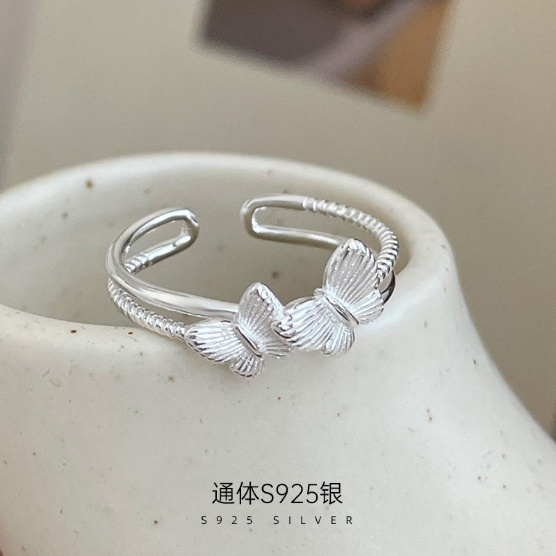 高级感S925银甜美森系双蝴蝶戒指
