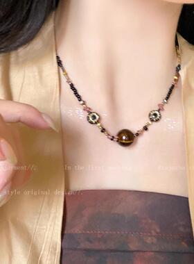 秋冬款港风复古美拉德虎眼石项链