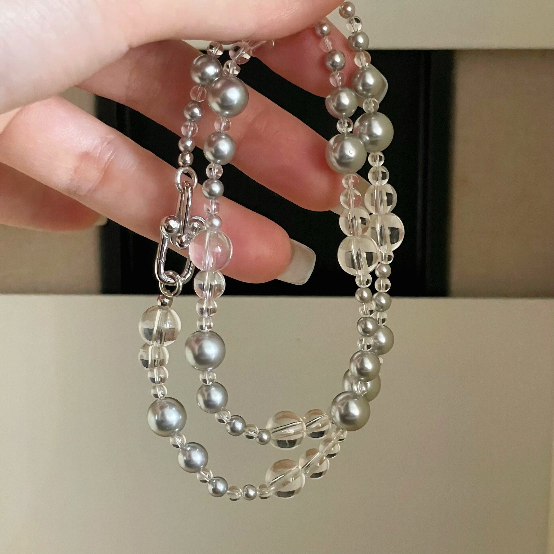 S925纯银玻璃白水晶马蹄扣珍珠项